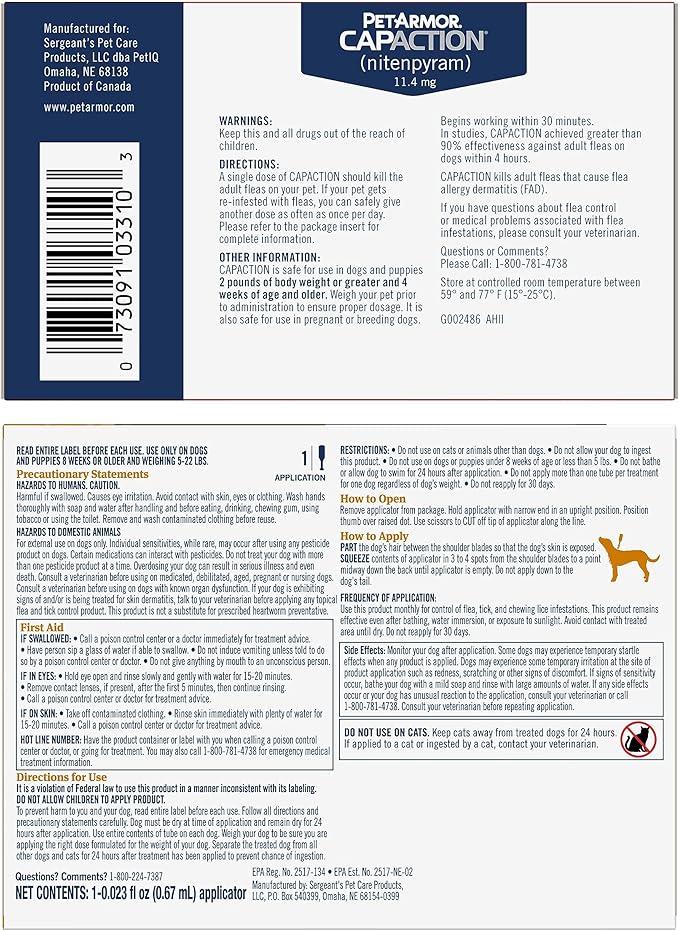 PetArmor CAPACTION Oral Flea Treatment for Dogs (6 Doses) + Bonus PetArmor Plus Topical Flea & Tick Treatment & Preventative for Dogs 5-22 lbs (1 Dose)