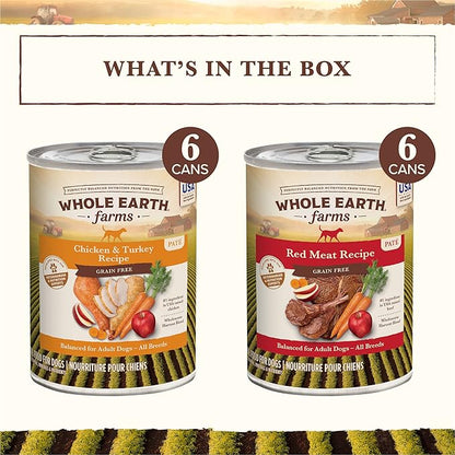 Whole Earth Farms Grain Free Soft Canned Wet Dog Food Pate Variety Pack, Chicken and Turkey, Red Meat Recipes - (12) 9.5 LB Cans
