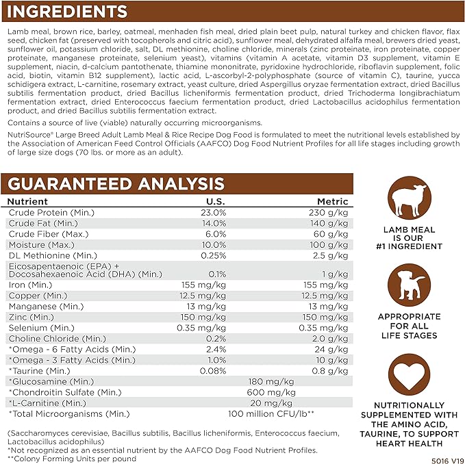 NutriSource Adult Dry Dog Food for Large Breeds, Lamb Meal and Rice, 26LB