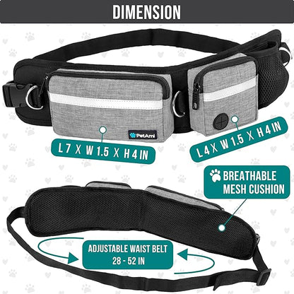 PetAmi Hands Free Dog Leash, Dog Running Leash Belt Bag for Walking, Jogging, Dog Waist Double Zipper Pouch with Poop Bag Dispenser, Dual Padded Handles Reflective Bungee Leash, Single