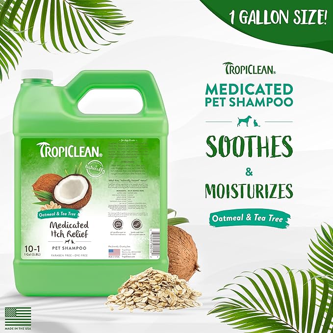TropiClean Medicated Dog Shampoo for Allergies and Itching | Tea Tree & Oatmeal Dog Shampoo for Sensitive Skin | Natural Pet Shampoo Derived from Natural Ingredients | Made in the USA | 1 gallon