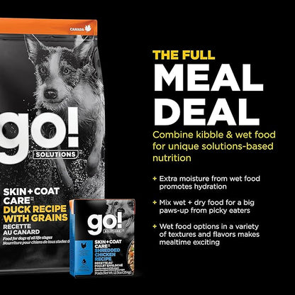 GO! SOLUTIONS Skin + Coat Care - Dry Dog Food, 22 lb - Duck Recipe with Grains for All Life Stages - Complete + Balanced Nutrition for Dogs