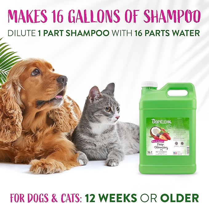 TropiClean Berry & Coconut Deep Cleansing Dog Shampoo | Deodorizing Dog Shampoo | Natural Pet Shampoo Derived from Natural Ingredients | Cat Friendly | Made in the USA | 2.5 gallon
