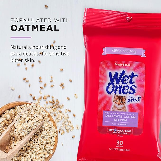 Wet Ones for Pets Delicate Clean Kitten Wipes for Cats with Oatmeal, 30 ct - 8 Pack|Cat Cleaning Wipes, Mild & Soothing Cat Grooming Wipes with Wet Lock Seal for Pet Grooming in Fresh Scent