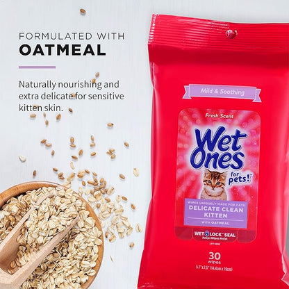 Wet Ones for Pets Delicate Clean Kitten Wipes for Cats with Oatmeal Cat Cleaning Wipes, Mild & Soothing Cat Grooming Wipes with Wet Lock Seal (Pack of 1, 30 Count Total)