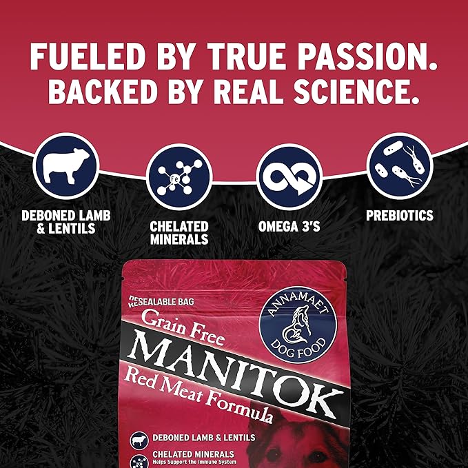 Annamaet Grain-Free Manitok Red Meat Formula Dry Dog Food, (Fresh Lamb), 5-lb bag