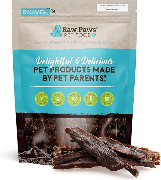 Raw Paws Water Buffalo Jerky Treats for Dogs, 16-oz - Packed in USA - Free-Range Pure Buffalo Meat - Beef Jerky for Dogs Alternative - Jerky Treats for Dogs - Jerky Sticks for Dogs, Dog Beef Jerky