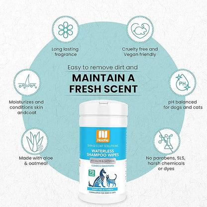 Nootie Waterless Shampoo Wipes for Dogs & Cats - Long Lasting Sweet Pea Vanilla Fragrance - Sold in Over 10,000 Vet Clinics and Pet Stores Worldwide, Made in USA - 70 Count