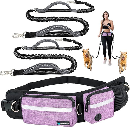 PetAmi Hands Free Dog Leash, Dog Running Leash Belt Bag for Walking, Jogging, Dog Waist Double Zipper Pouch with Poop Bag Dispenser, Dual Padded Handles Reflective Bungee Leash, Double