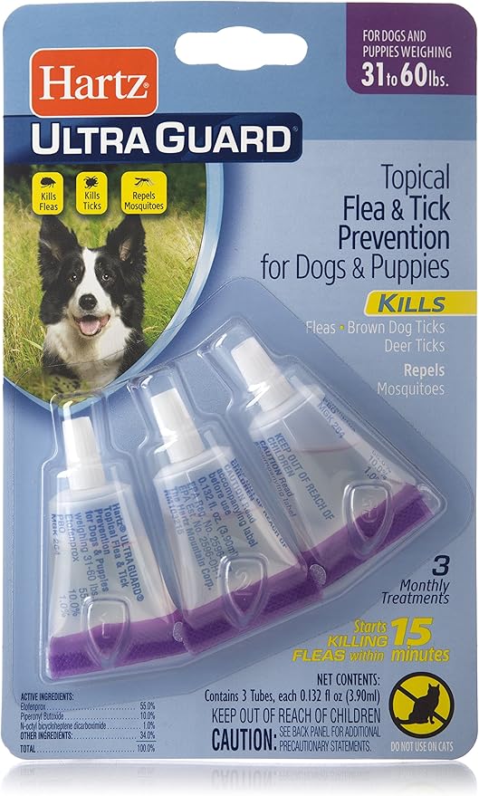 Hartz UltraGuard Flea & Tick Drops for Dogs & Puppies 31-60lbs - 3 Monthly Treatment