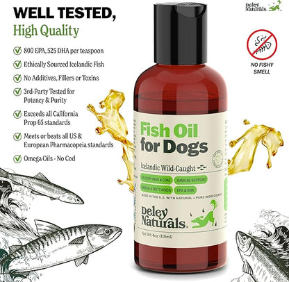 Wild Caught Fish Oil for Dogs - 4oz - Omega 3-6-9, GMO Free - Reduces Shedding, Supports Skin, Coat, Joints, Heart, Brain, Immune System - Highest EPA & DHA Potency - Only Ingredient is Fish