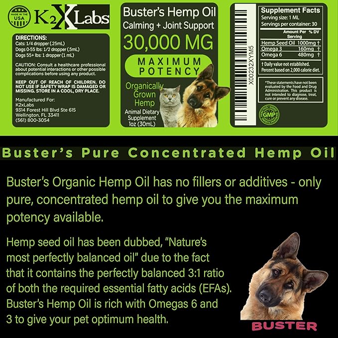 Max Potency Buster's Organic Hemp Oil treats for Dogs & Cats - Perfect Ratio Omega 3 & 6 - Made in USA - Hip & Joint Health, Natural Relief, Calming (4-Month)