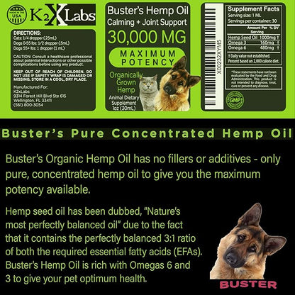 Max Potency Buster's Organic Hemp Oil treats for Dogs & Cats - Perfect Ratio Omega 3 & 6 - Made in USA - Hip & Joint Health, Natural Relief, Calming (4-Month)