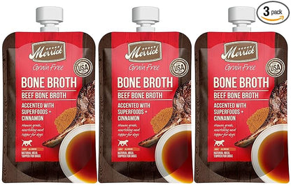 Merrick Grain Free Bone Broth Natural Meal Topper for Dogs, Accented with Superfoods & Cinnamon, for Adult Dogs of All Breeds Beef, 7 Ounce,(Pack of 3)