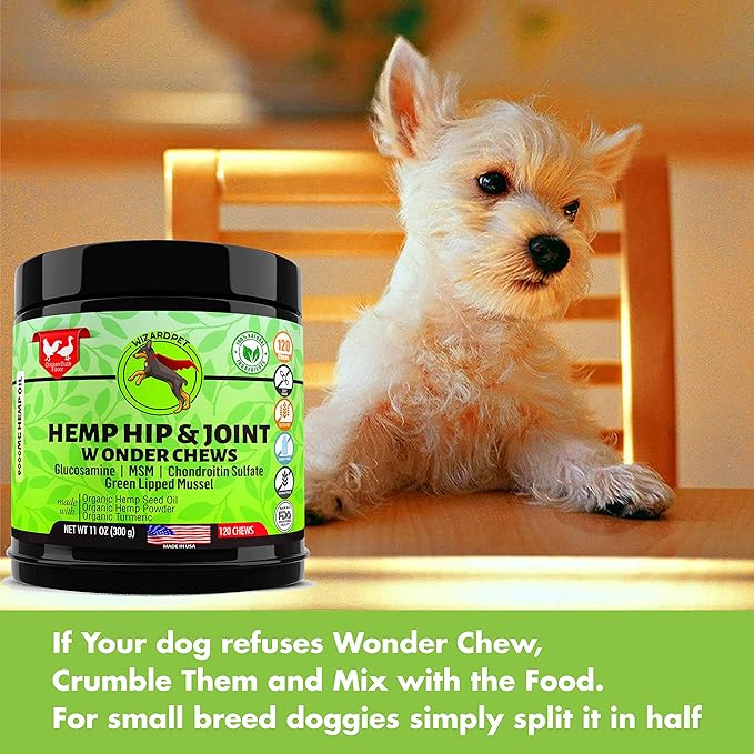 Advanced Hemp Hip and Joint Supplement for Dogs - Hemp Oil Glucosamine Chondroitin for Dog - Omegas - Turmeric - MSM - Green Lipped Mussel, Made in USA treats support mobility - 120 Chews