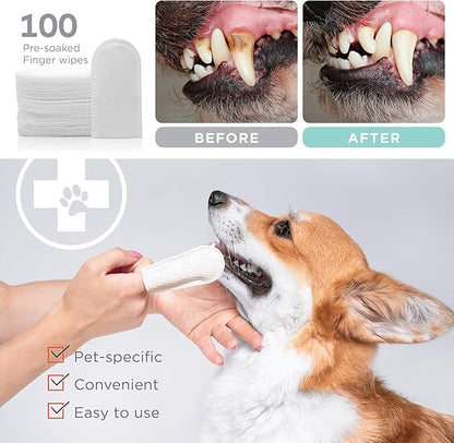 Dental Finger Wipes for Dogs - 100 Wipes - Dog Dental Teeth Cleaning Wipes for Dogs - Pre-Soaked Oral Cleaning Pads- Reduces Plaque, Tartar & Dog Breath Freshener