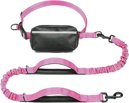 iYoShop Hands Free Dog Leash with Zipper Pouch, Dual Padded Handles and Durable Bungee for Walking, Jogging and Running Your Dog (Large, 25-120 lbs, Pink)