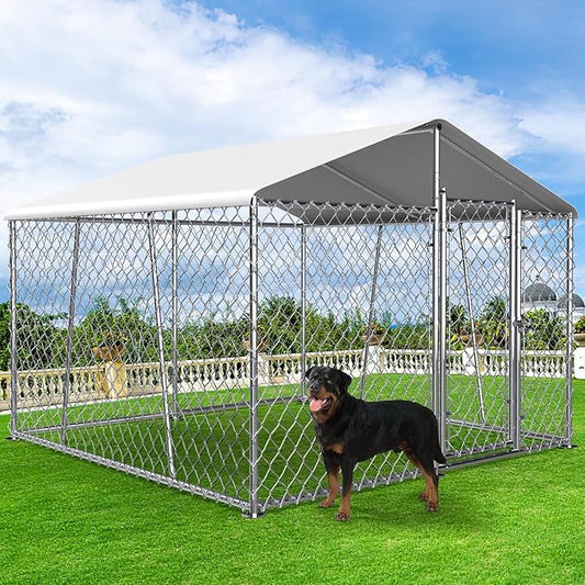 Upgraded 7.5×7.5FT Outdoor Dog Kennel with Cover Roof, Large Dog Run House Pen Enclosure with Side Rod, Heavy Duty Chain Link Dog Kennel with Lock for Outside Backyard