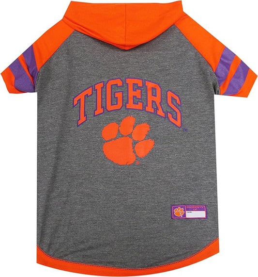 NCAA CLEMSON TIGERS HOODIE for DOGS & CATS, SMALL COLLEGIATE Licensed DOG HOODY Tee Shirt. Sports HOODY T-Shirt for Pets. COLLEGE Sporty Dog Hoodie Shirt.