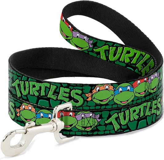 Buckle-Down Pet Leash - Classic TMNT Group Faces/TURTLES Turtle Shell Black/Green - 4 Feet Long - 1.5" Wide