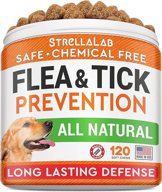 STRELLALAB Natural Flea and Tick Prevention Chews for Dogs - Chewable Tablets for Dogs - All Breeds and Ages - Made in USA Flea and Tick Remover Supplement - Bacon - 120 Treats