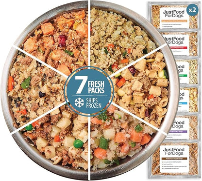 JustFoodForDogs Frozen Fresh Dog Food Sampler Human Grade Dog Food Variety Box, Complete Meal or Dog Food Topper, 18 oz (Pack of 7)