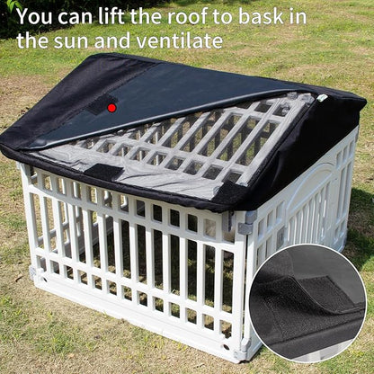 Pet Playpen Foldable Gate for Dogs Plastic Puppy Exercise Pen with Door Portable Indoor Outdoor Pets Fence Puppies Folding Cage 4 Panels House Supplies (6*Playpen White Roof with Cover)