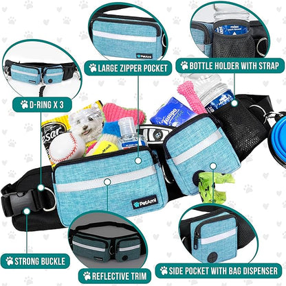 PetAmi Hands Free Dog Leash, Dog Running Leash Belt Bag for Walking, Jogging, Dog Waist Double Zipper Pouch with Poop Bag Dispenser, Dual Padded Handles Reflective Bungee Leash, Double Turquoise