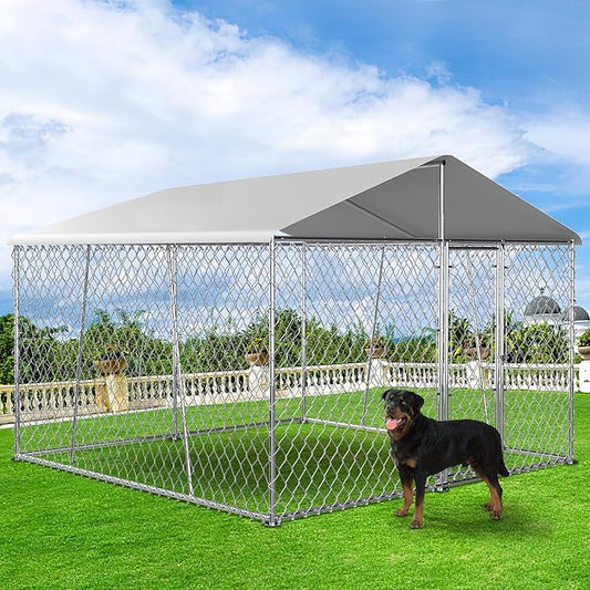 Upgraded 10×10FT Outdoor Dog Kennel with Cover Roof, Extra Large Dog Run House Pen Enclosure with Side Rod, Heavy Duty Chain Link Dog Kennel with Lock for Outside Backyard
