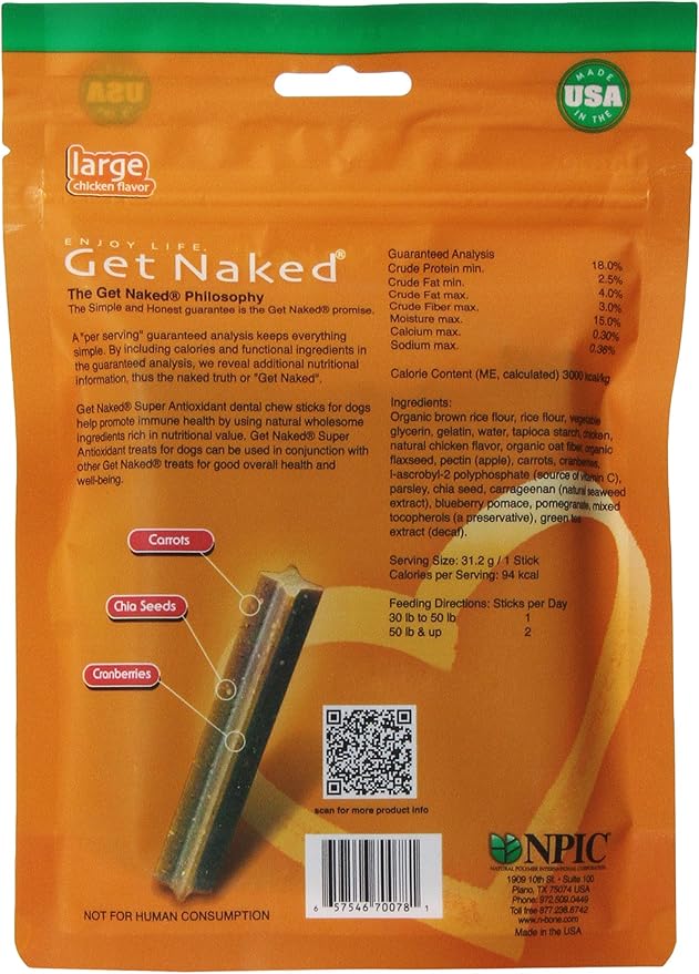 Get Naked Super Antioxidant Dental Chew Sticks For Dogs, Large/6.6-Ounce, 6 Sticks/Pack
