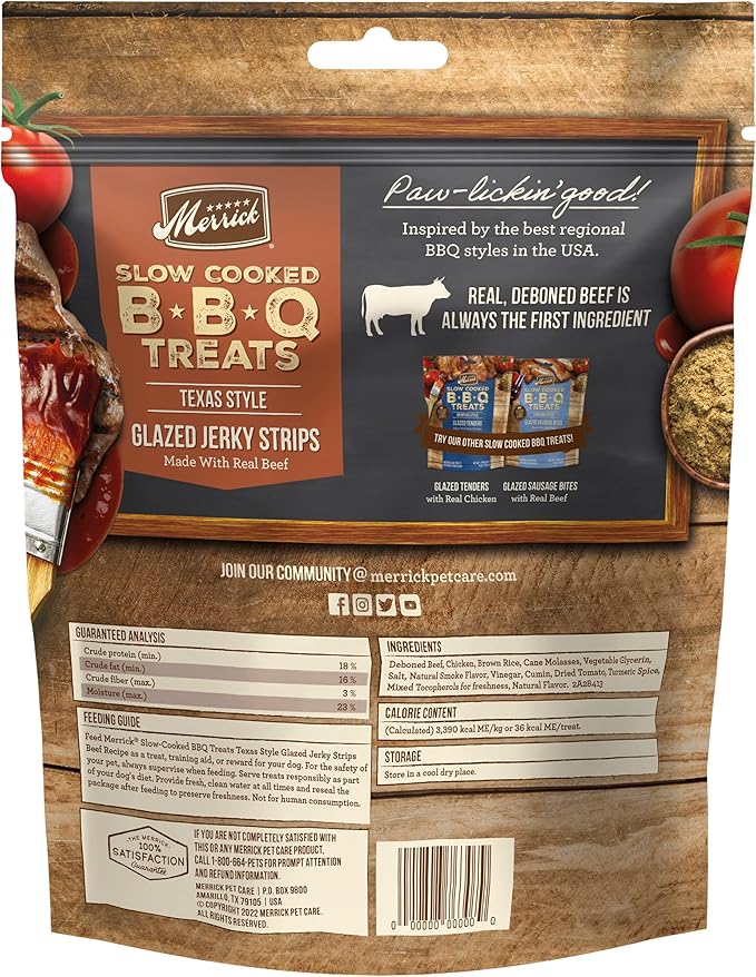 Merrick Dog Jerky, Slow Cooked BBQ Beef Dog Treats, Texas Style Glazed Jerky Strips, Beef Jerky Dog Treats - 10 oz. Pouch