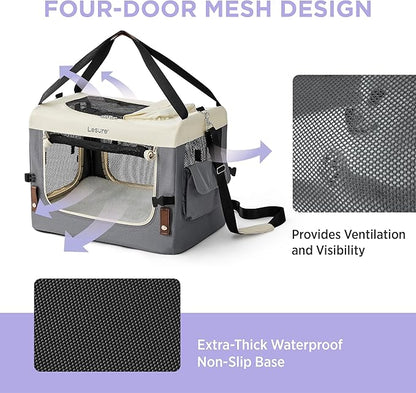 Lesure Collapsible Travel Dog Crate for Small Dogs, Portable Soft Dog Crate for Outdoor & Indoor, Folding Fabric Dog Kennel with Handle, 24 Inch Heavy Duty Pet Carrier (Grey)