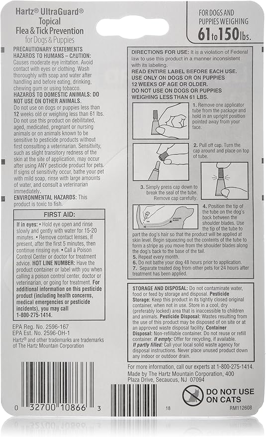 Hartz UltraGuard Flea & Tick Drops for Dogs & Puppies 61-150lbs - 3 Monthly Treatment