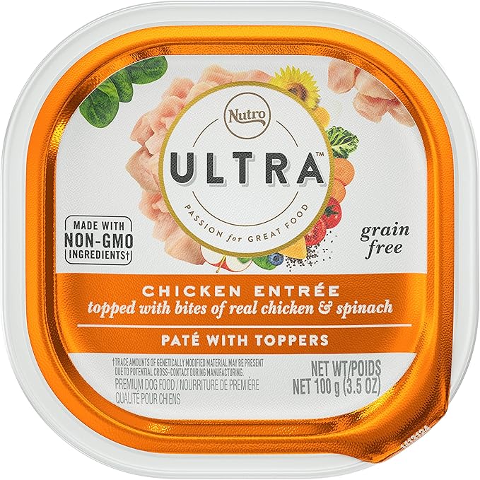 NUTRO ULTRA Grain Free Adult Soft Wet Dog Food Paté With Toppers Chicken Entrée topped with bites of real chicken & spinach, 3.5 oz. Trays, Pack of 24