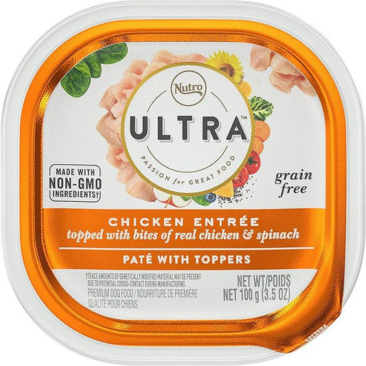 NUTRO ULTRA Grain Free Adult Soft Wet Dog Food Paté With Toppers Chicken Entrée topped with bites of real chicken & spinach, 3.5 oz. Trays, Pack of 24