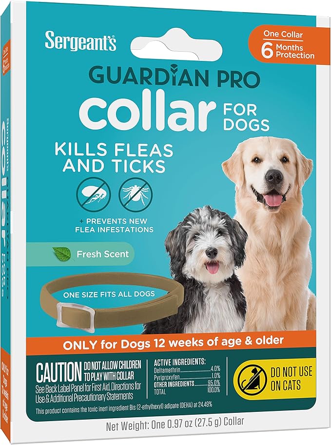 Sergeant's Guardian Pro Flea & Tick Collar for Dogs, Kills Fleas & Ticks, Long Lasting Protection for 6 Months, Fresh Scent, One Size Fits All, 1 Collar