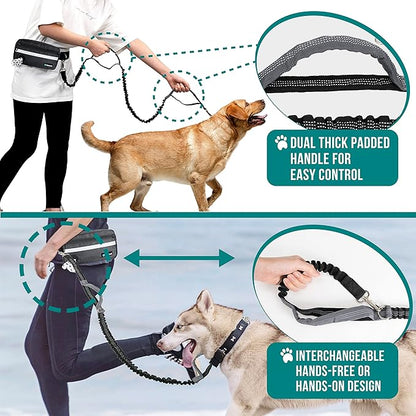 PetAmi Hands Free Dog Leash, Dog Running Leash Belt for Walking Jogging, Dog Waist Zipper Pouch Fanny Pack with Poop Bag Dispenser, Dual Padded Handle Bungee Leash for Small Medium Large Dogs, Double