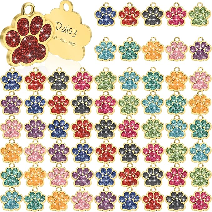 Abbylike 60 Pcs Personalized Dog Tags Blank Pet ID Tags Custom Glitter Paw Pet Tag Cute Metal Cat Name Tag Small DIY Engraved Puppy Name Tag for Dogs Pets(Gold)