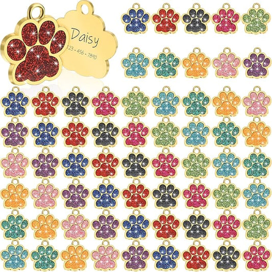 Abbylike 60 Pcs Personalized Dog Tags Blank Pet ID Tags Custom Glitter Paw Pet Tag Cute Metal Cat Name Tag Small DIY Engraved Puppy Name Tag for Dogs Pets(Gold)