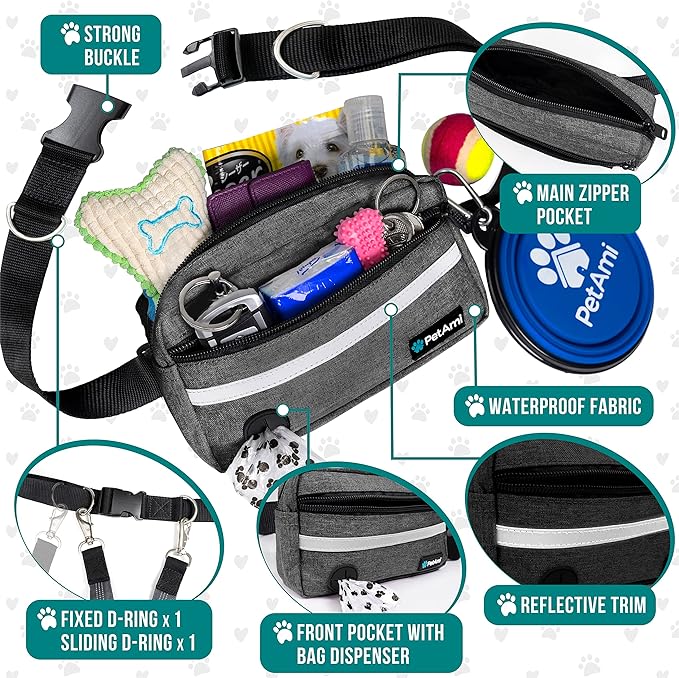 PetAmi Hands Free Dog Leash, Dog Running Leash Belt for Walking Jogging, Dog Waist Zipper Pouch Fanny Pack with Poop Bag Dispenser, Dual Padded Handle Bungee Leash for Small Medium Large Dogs, Single