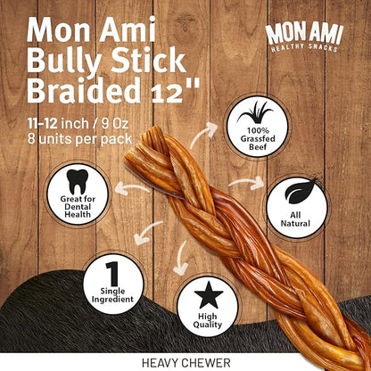 Mon Ami Braided Bully Sticks for Large and Small Dogs (11-12 inches, Pack of 8) - Made from Grass Fed Beef Dog Treats - Natural Bully Sticks - Grain Free & High Protein Dog Snack