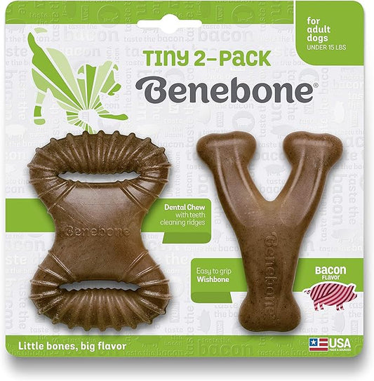 Benebone Tiny 2-Pack Dog Chew Toys, Made in USA, Real Bacon Flavor, Small