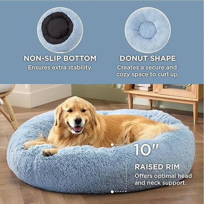 Bedsure Calming Dog Bed for Extra Large Dogs - Donut Washable Large Pet Bed, Anti-Slip Round Fluffy Plush Faux Fur Dog Bed, Fits up to 125 lbs Pets, Blue, 45 inches