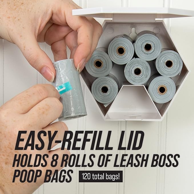 Leashboss Dog Poop Bag Dispenser Wall Mount with Container for Extra Storage, Doggy Bag Holder for Pet Waste Stations, Includes 8 Rolls (120 Bags) of Unscented Pet Waste Bags