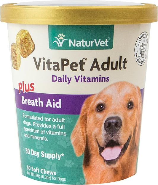 NaturVet VitaPet Adult Daily Vitamins Plus Breath Aid for Adult Dogs, 60 ct Soft Chews, Made in The USA with Globally Source Ingredients