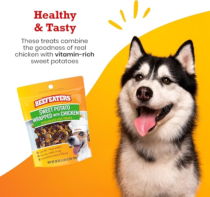 Beefeaters Dog Treats - Sweet Potato Wrapped with Chicken 28oz | Dog Food No Corn/Wheat/Soy/Gluten | Low Fat, Grain-Free, Perfect for Training & Rewards | Dog Training Treats for All Dog Sizes