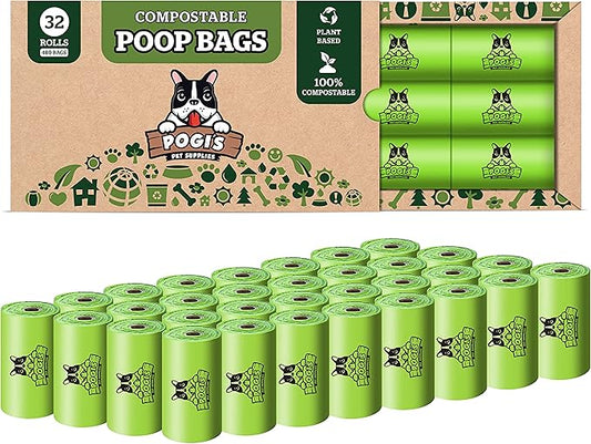 Pogi's Compostable Dog Poop Bags - 32 Rolls (480 Doggie Poop Bags) - Leak-Proof Dog Waste Bags, Plant-based ASTM D6400, EN13432 Certified Extra Large Poop Bags for Dogs