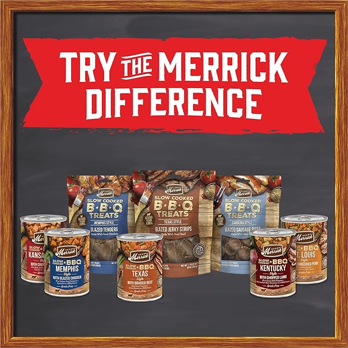 Merrick Dog Jerky, Slow Cooked BBQ Beef Dog Treats, Texas Style Glazed Jerky Strips, Beef Jerky Dog Treats - 10 oz. Pouch