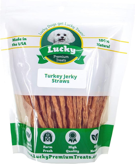 Lucky Premium Treats Turkey Jerky Straws – All Natural Turkey Dog Treats, Dog Chews Made with Restaurant Quality Turkey (13 oz)