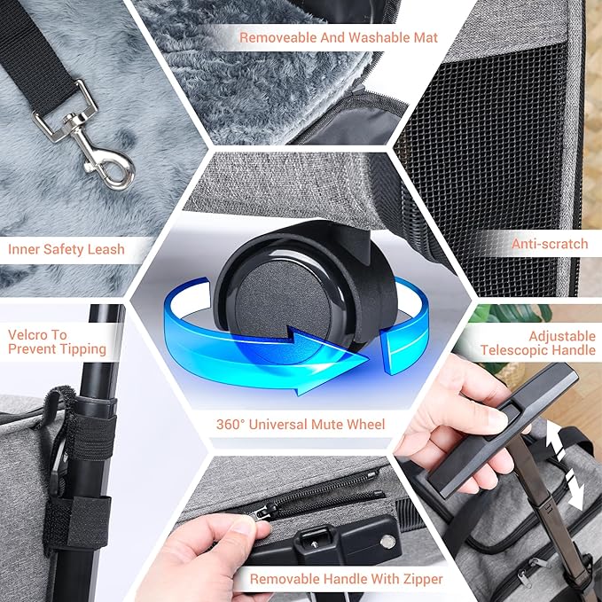 COOLBEBE Cat Dog Carrier with Upgraded Wheel, Collapsible Airline Approved Pet Carriers for Small Dogs and Cats,Soft Animal Travel Carrier Bag for Flight Outdoor Camping (Grey)